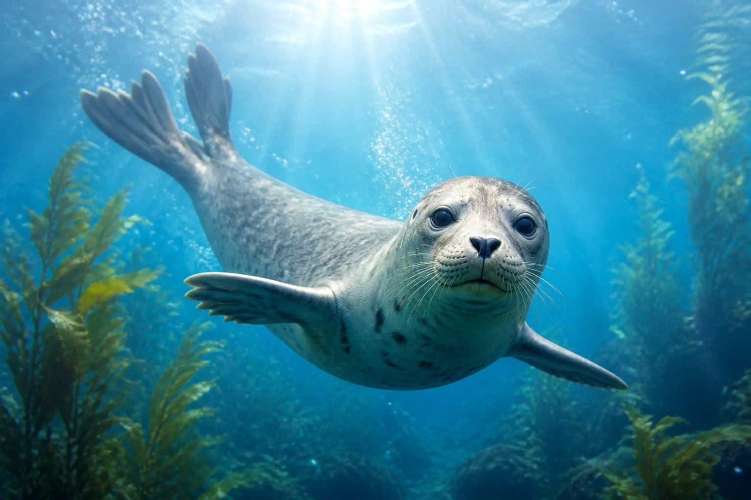 Uma foca nadando calmamente em águas claras e azuis com raios de sol suaves iluminando o ambiente subaquático.