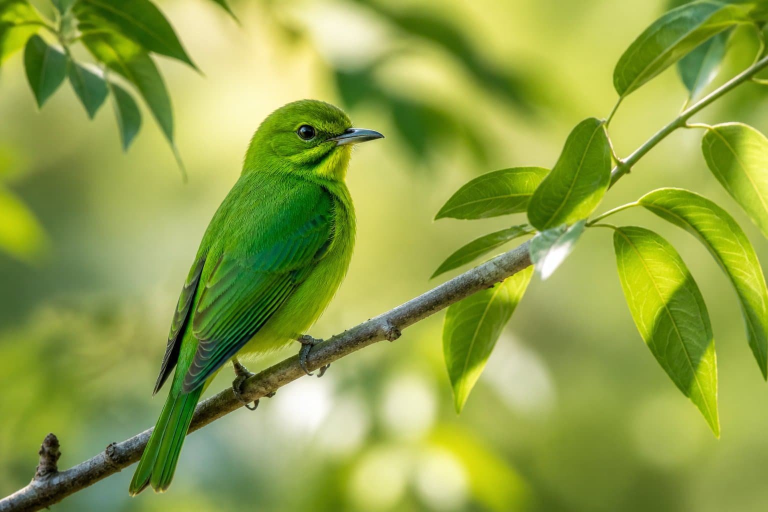 Um passarinho verde vibrante pousado em um galho fino com um fundo desfocado de natureza verde e luz suave.