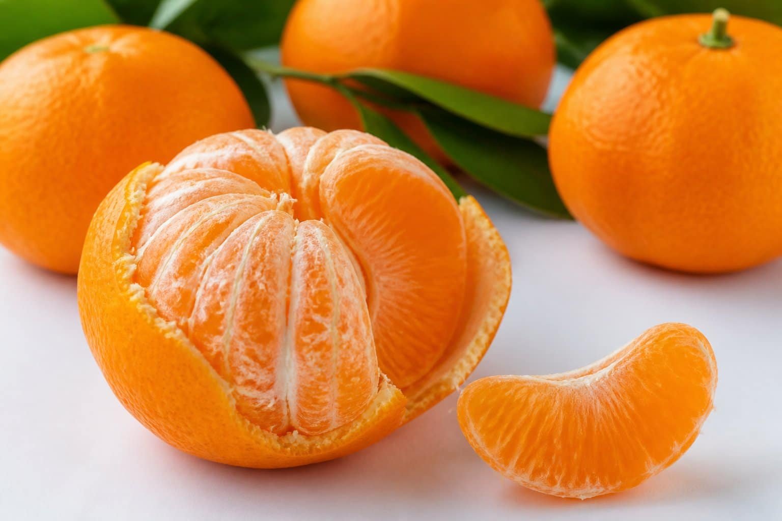 Fruta mexerica fresca com algumas partes descascadas mostrando o interior suculento, sobre uma superfície branca com folhas verdes ao fundo.