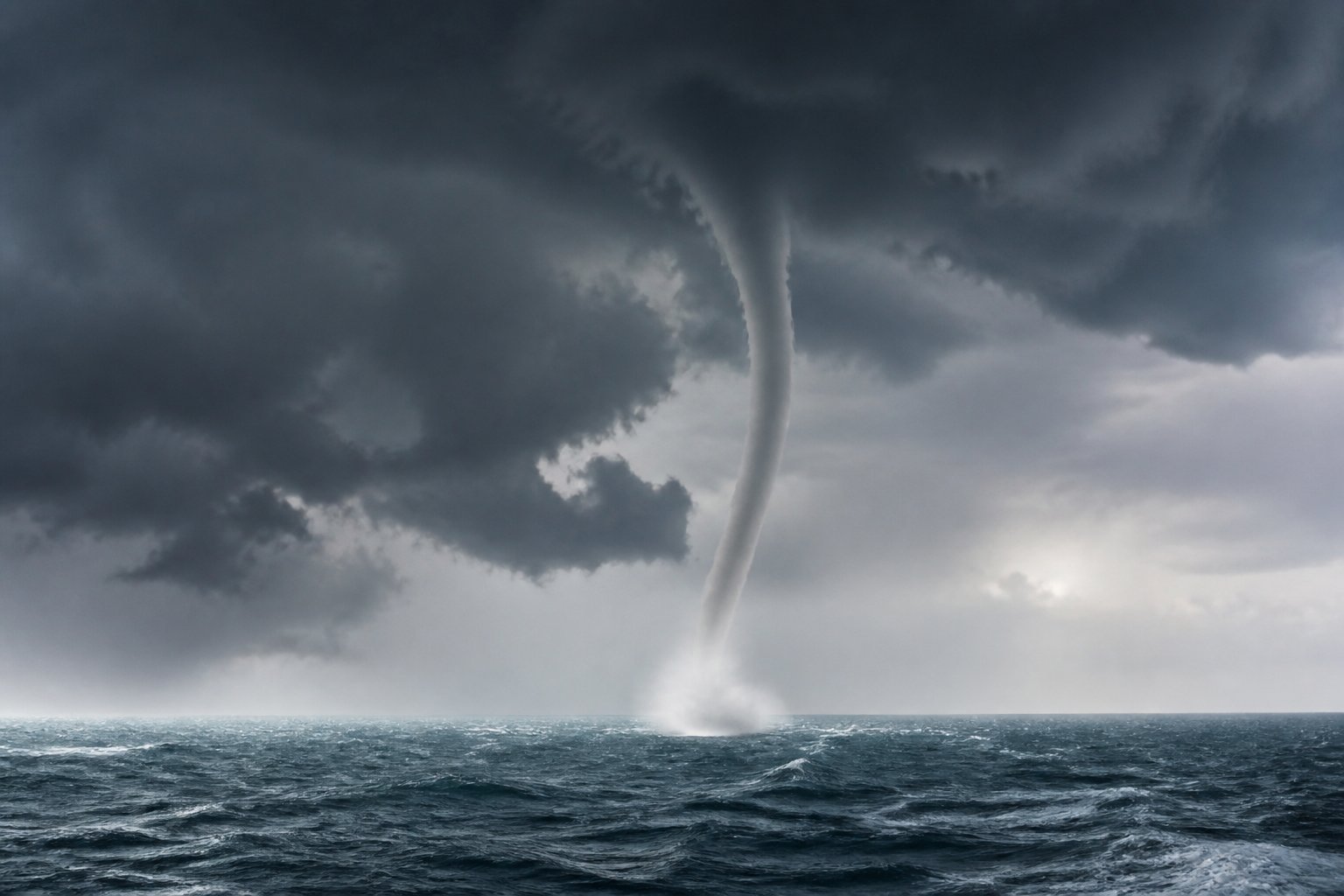 Tromba d'água se formando sobre o mar em um dia de tempestade com nuvens escuras e ondas agitadas.