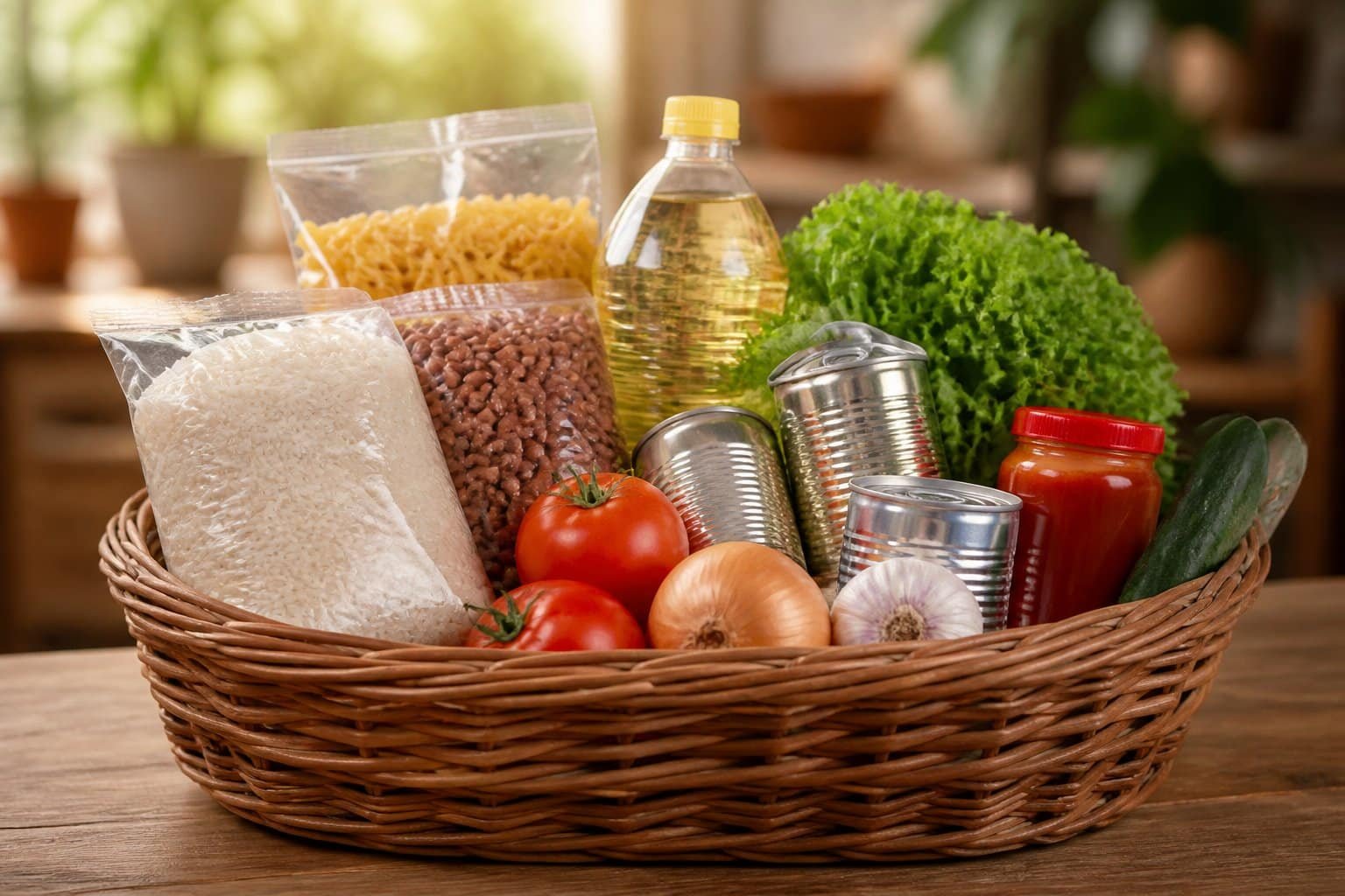 Cesta básica com alimentos essenciais organizados sobre uma mesa de madeira.