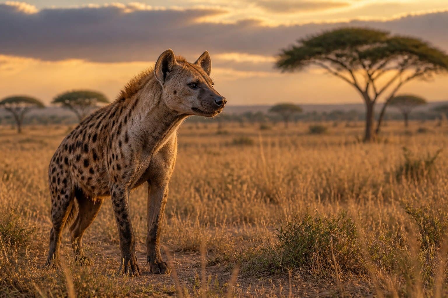 Uma hiena sozinha em pé na savana africana ao entardecer, cercada por grama seca e árvores.