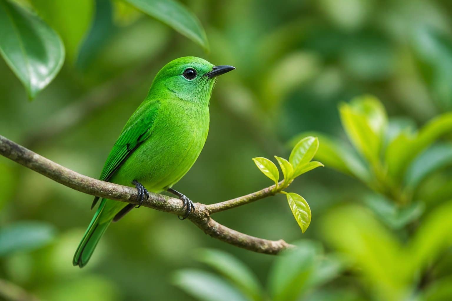 Um pássaro verde vibrante pousado em um galho fino, cercado por folhas verdes desfocadas ao fundo.