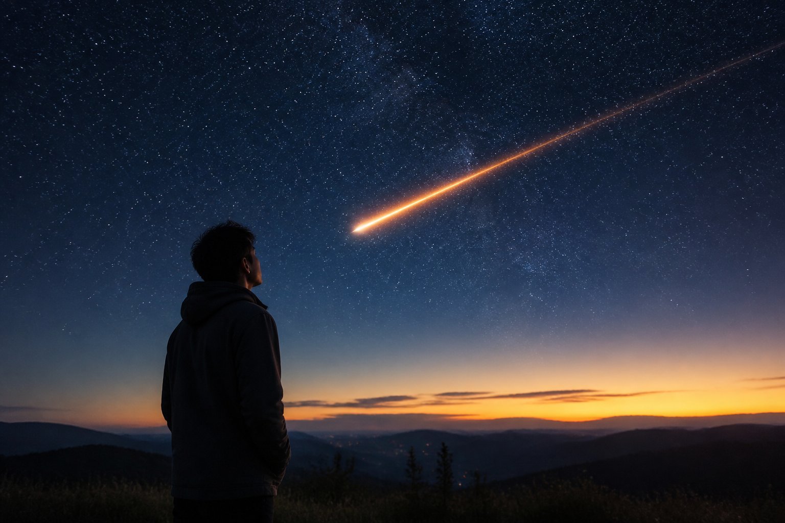 Pessoa olhando para um meteoro brilhante cruzando o céu noturno estrelado.